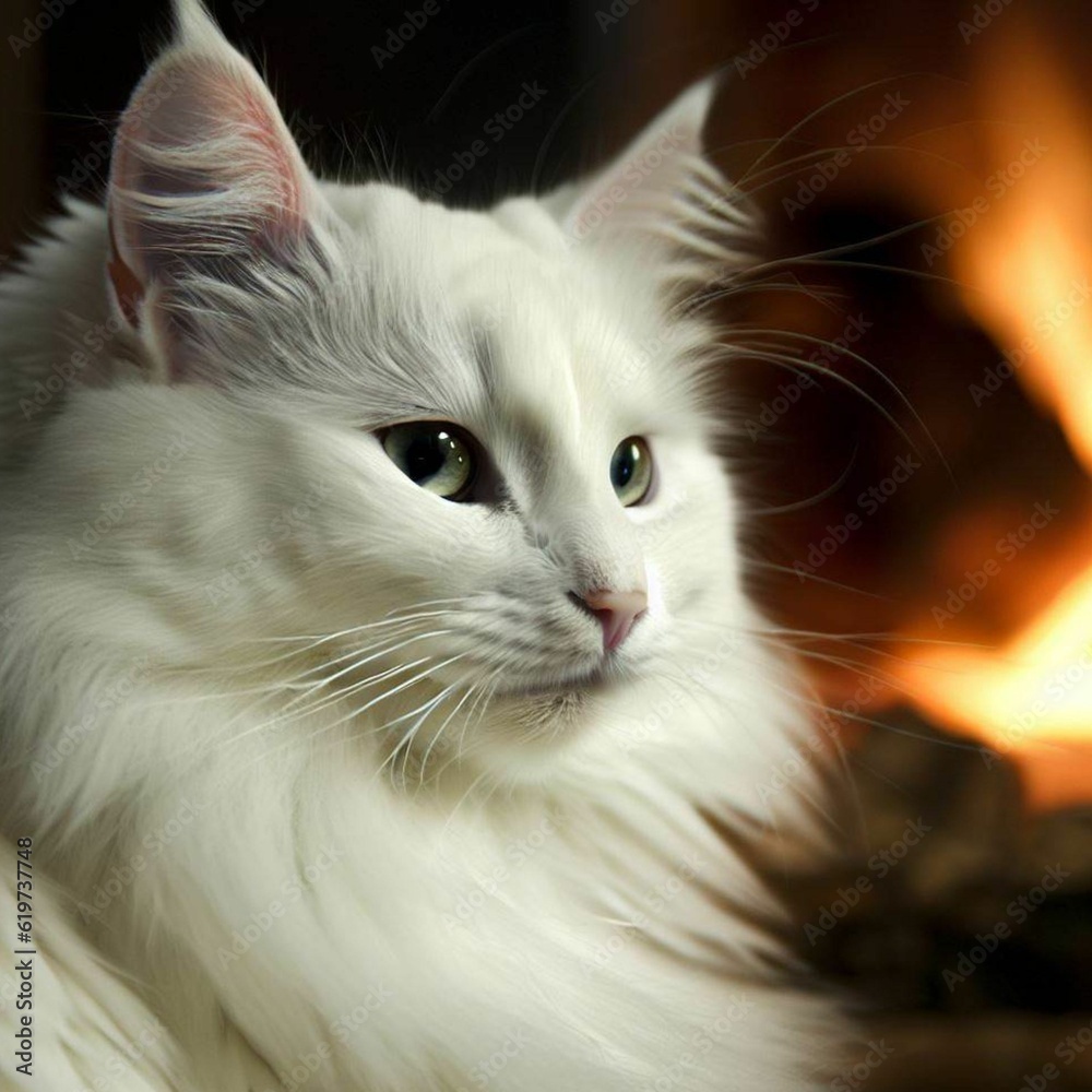 AI generated illustration of a white Norwegian cat relaxing in front of a roaring fireplace
