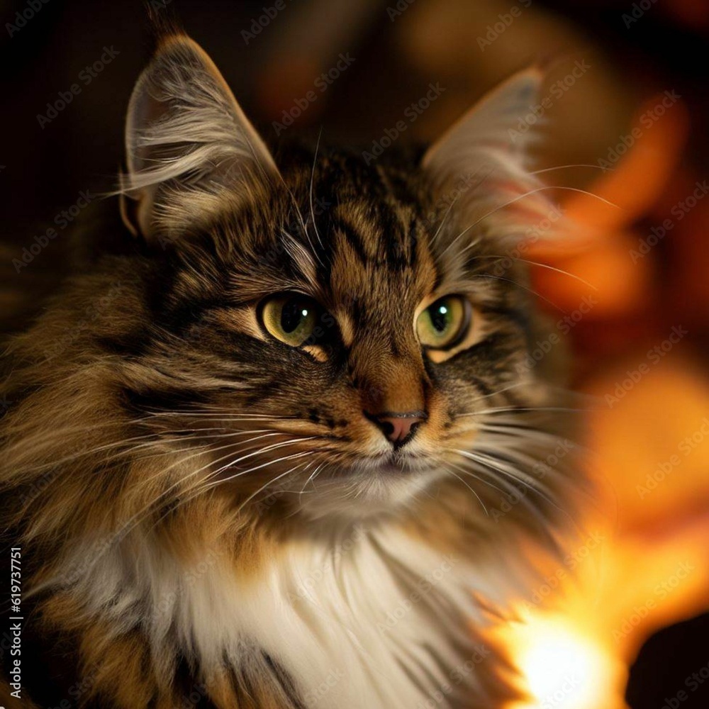 AI generated illustration of a Norwegian tabby cat in front of a burning fireplace