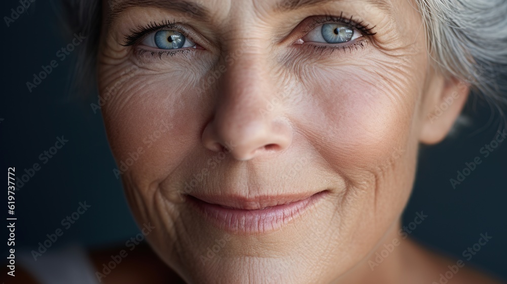 Closeup portrait of a beautiful older woman's blue eyes. Healthy and natural mature woman with deep lines and crows feet, Feeling radiant and fresh while doing her daily beauty with generative ai Closeup portrait of a beautiful older woman's blue eyes. Healthy and natural mature woman with deep lines and crows feet, Feeling radiant and fresh while doing her daily beauty with generative ai