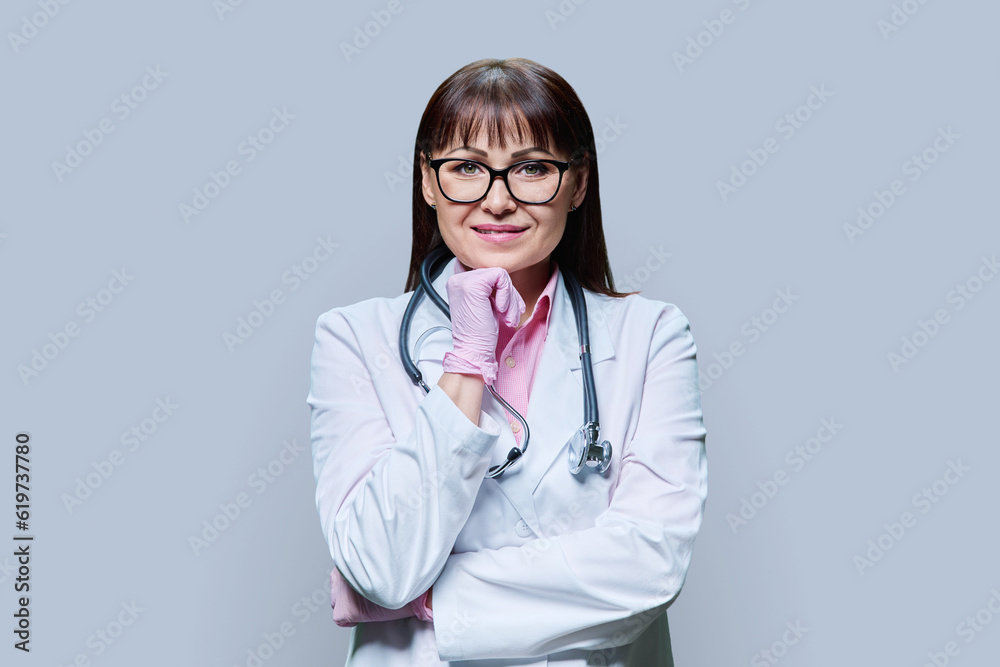 Portrait female doctor looking at camera, on grey background