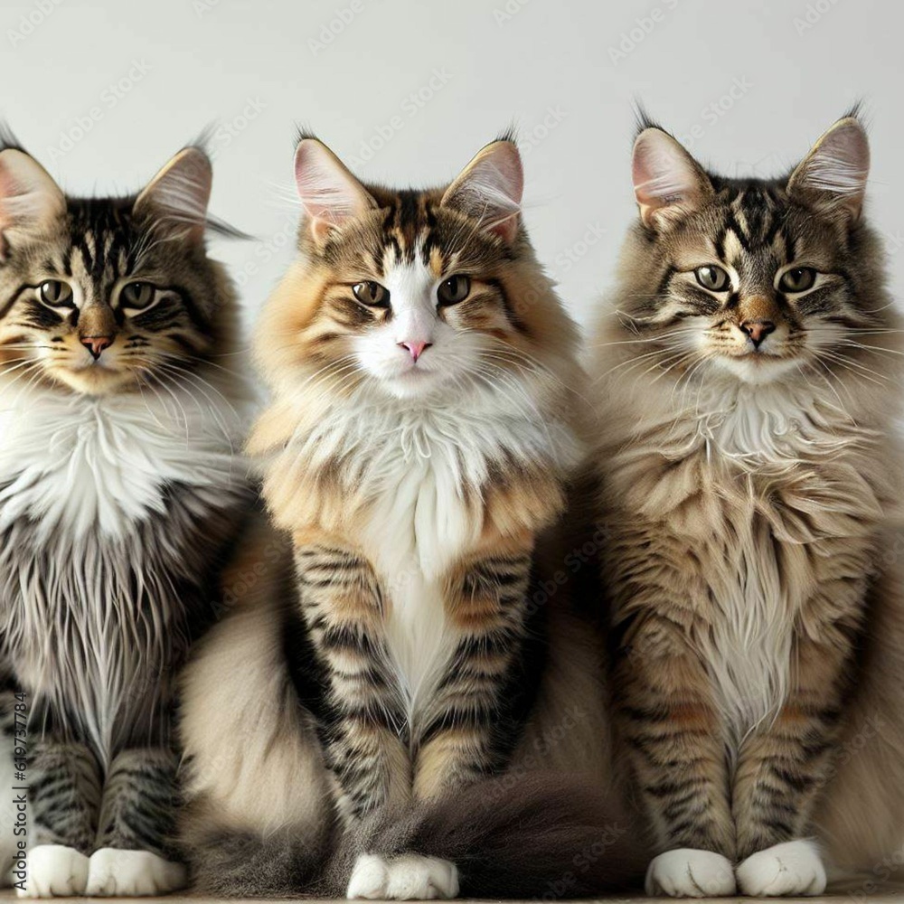 AI generated illustration of three Norwegian cats sitting together against a white background