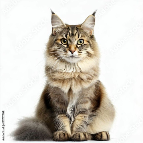 AI generated illustration of a Norwegian fluffy cat with big eyes against a white background