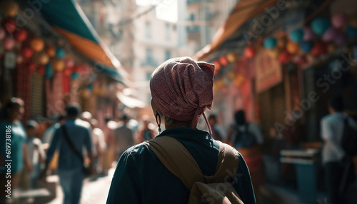 a female walking down a street wearing a pink hat and backpack, AI generated
