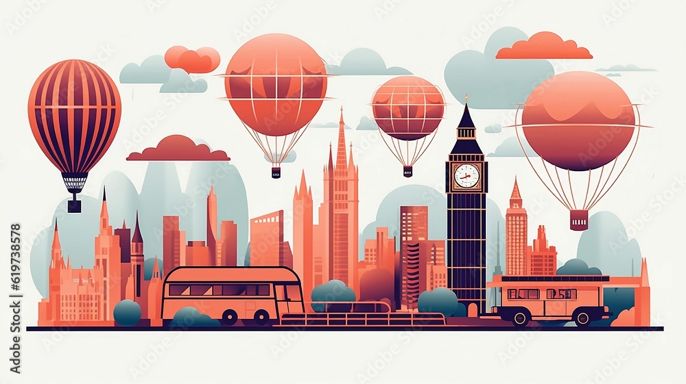 AI generated illustration of a bustling street scene in London, with hot air balloons flying above