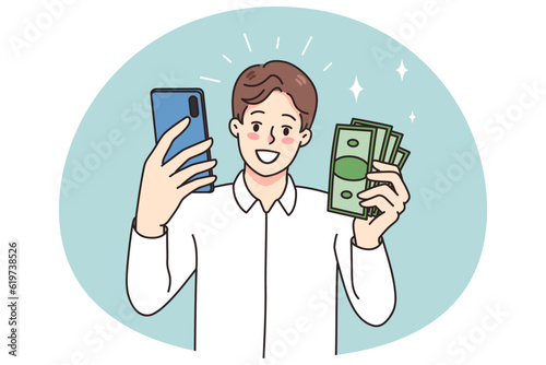 Smiling man holding smartphone and money excited with online lottery victory. Happy guy win cash on internet using cellphone. Working distant from mobile phone. Vector illustration.