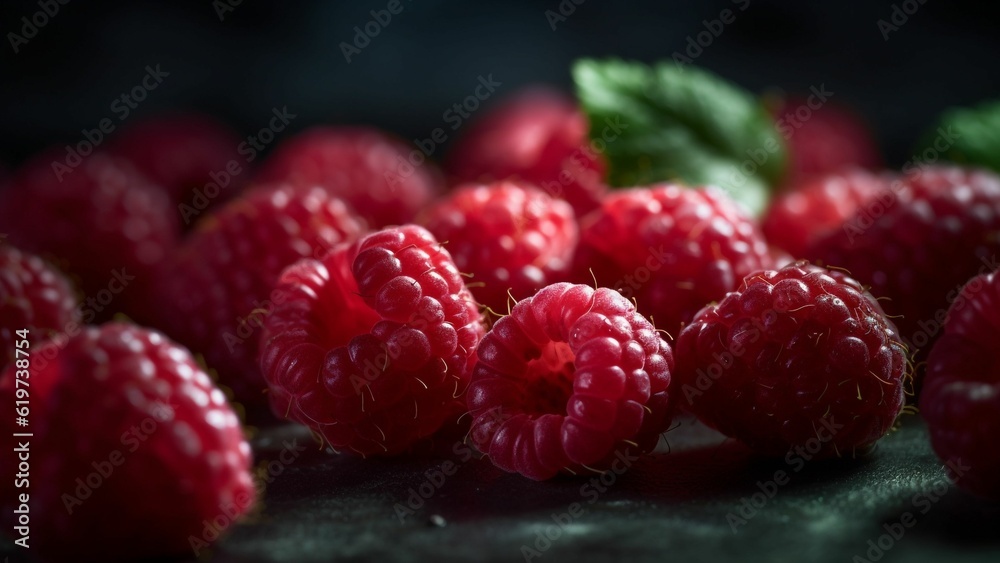 AI generated illustration of fresh, ripe raspberries on a dark black table AI generated illustration of fresh, ripe raspberries on a dark black table