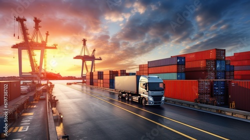 logistics system for the import, export, and transit of trucks, containers, cargo ships, and cargo planes is in use in a shipyard at dusk with generative ai