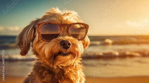 Funny dog on the beach wearing sunglasses