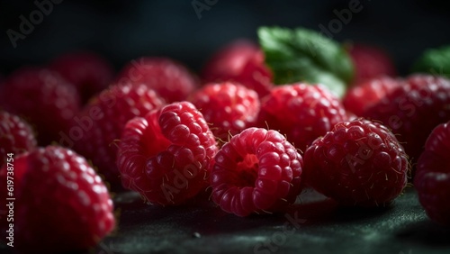 AI generated illustration of fresh, ripe raspberries on a dark black table