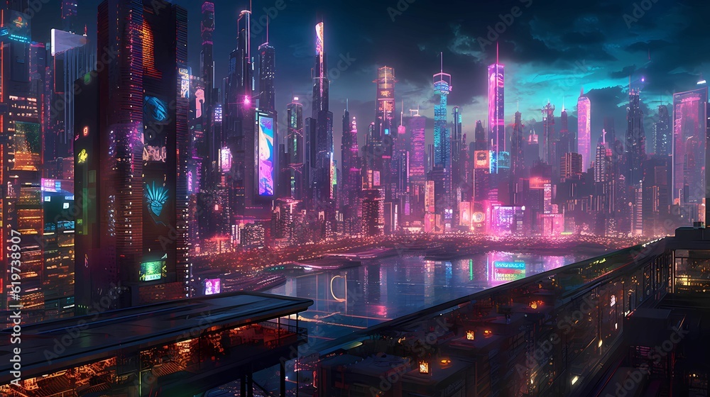 AI generated illustration of a vibrant city skyline illuminated with bright lights