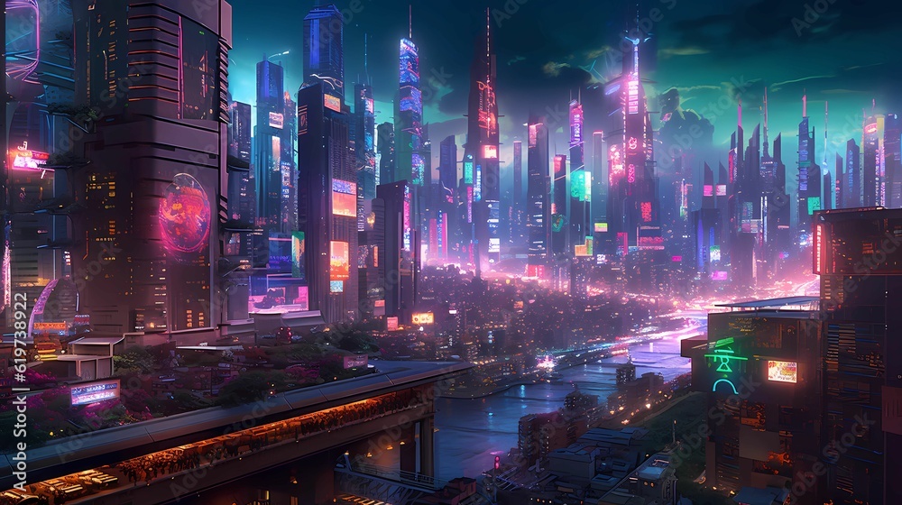 AI generated illustration of A vibrant nighttime skyline of a bustling cityscape