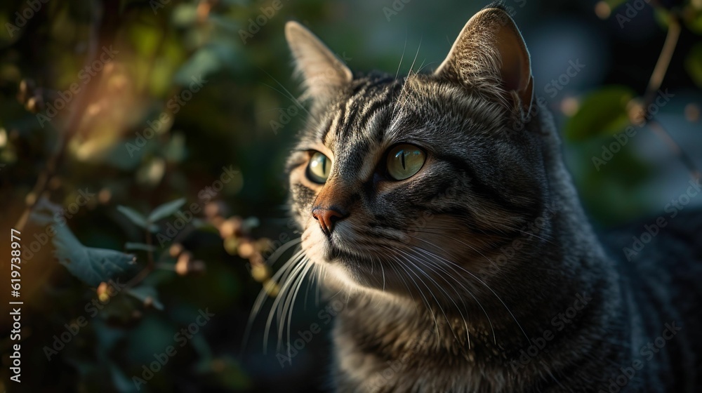 AI generated illustration of a cat with green eyes in the garden