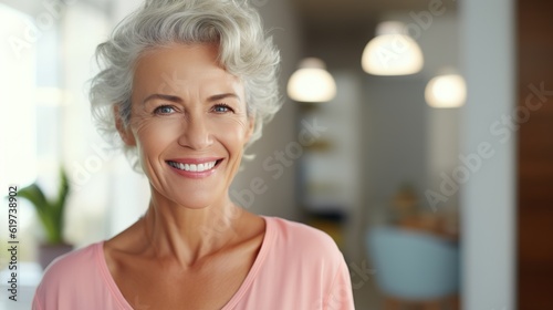 Dentist, veneers or dentures in senior woman mouth or teeth looking happy with her oral hygiene or dental cleaning cosmetic service. Mature model with smile on face for dentistry with generative ai