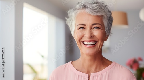 Dentist, veneers or dentures in senior woman mouth or teeth looking happy with her oral hygiene or dental cleaning cosmetic service. Mature model with smile on face for dentistry with generative ai photo