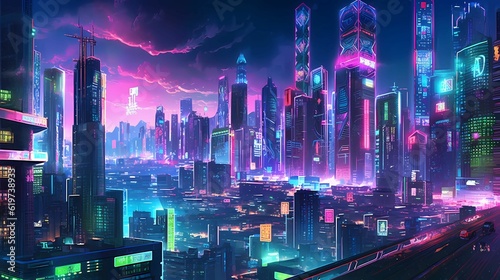 AI generated illustration of a modern cityscape with a glowing sun in the background