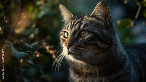 AI generated illustration of a cat with green eyes in the garden