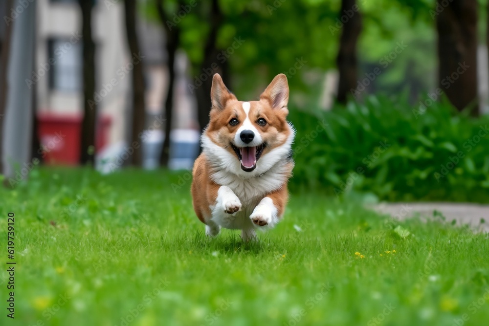 AI generated illustration of a cheerful adorable corgi running through a park