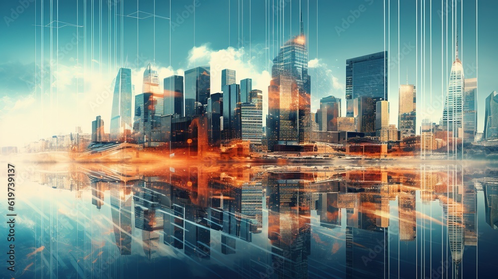 Double exposure of Modern metropolis with buildings and skyscrapers, as well as a social connection concept, the internet of things, and the concept of a satellite navigation system with generative ai