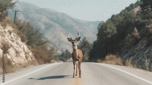 AI generated illustration of A majestic deer stands in the middle of a road