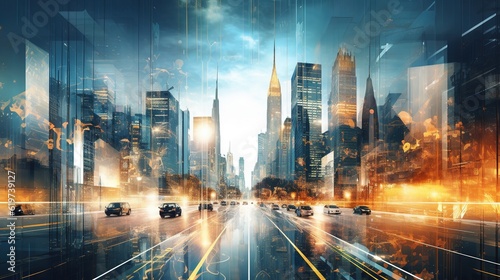 Double exposure of Modern metropolis with buildings and skyscrapers, as well as a social connection concept, the internet of things, and the concept of a satellite navigation system with generative ai