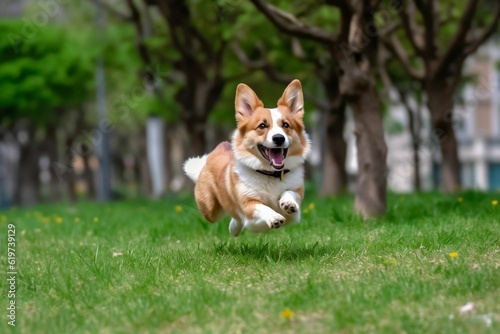 AI generated illustration of a cheerful adorable corgi running through a park