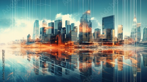 Double exposure of Modern metropolis with buildings and skyscrapers, as well as a social connection concept, the internet of things, and the concept of a satellite navigation system with generative ai © WS Studio 1985
