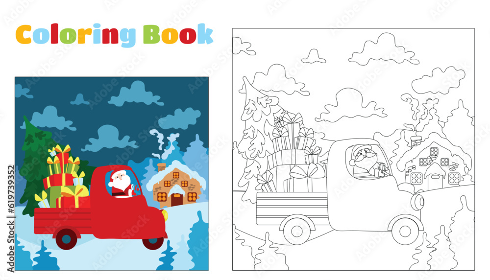 Christmas coloring book for children and adults. Santa Claus runs and rides in a truck with reindeer. Christmas scene in cartoon flat style.