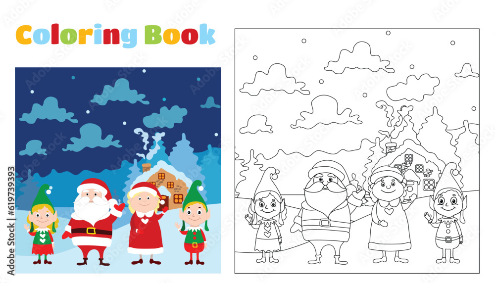 Christmas coloring book for children and adults. Santa Claus, Mrs. Santa and little elves are standing in front of their house and waving arms against the backdrop of a fabulous winter landscape.