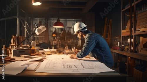 Engineering, building and aerial of construction worker with blueprint, tools and digital tablet on desk. Architect check engineering design, floorplan and drawing at workstation with generative ai