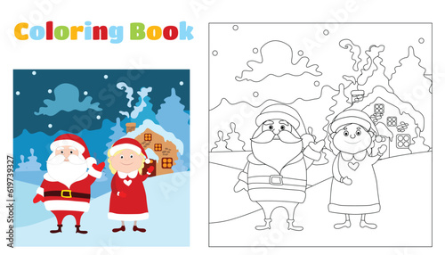 Coloring Pages Santa Claus and Mrs. Santa are standing in front of their house and waving their arms against the backdrop of a fabulous winter landscape.