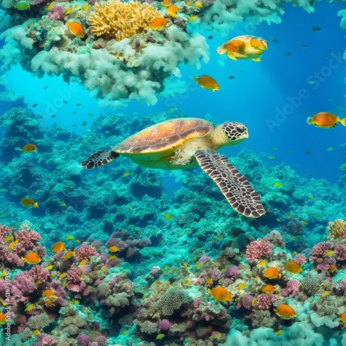 AI generated illustration of a feep ocean featuring a turtle swimming through coral reefs and fish