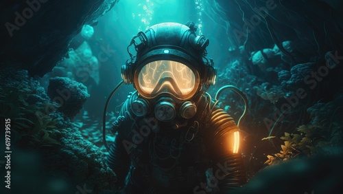 AI generated scuba diver in a specialized wet suit suspended underwater