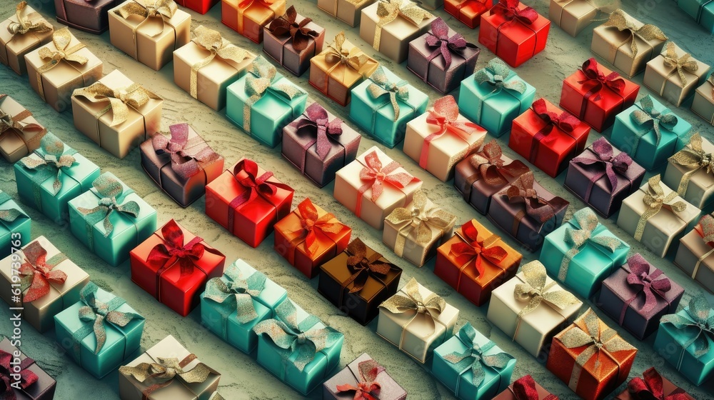 AI generated image of festive gift boxes in various colors