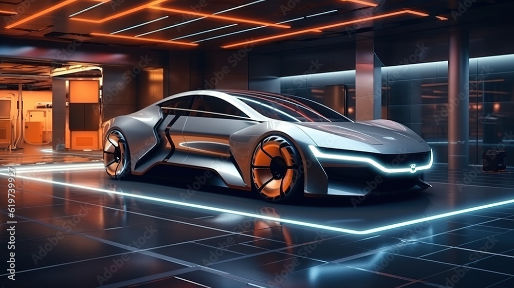 The futuristic electric car is linked to the EV charging station in the business center showrooms underground parking. with generative ai