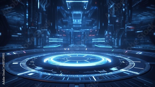 Futuristic circuit. Abstract data center, server, internet, and speed motion graphics. Tunnel with a futuristic HUD. Display screens for technology titles and backgrounds. generative ai