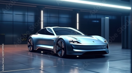 Futuristic electric car is connected to the EV charging station in the underground parking of the business center showroom. with generative ai
