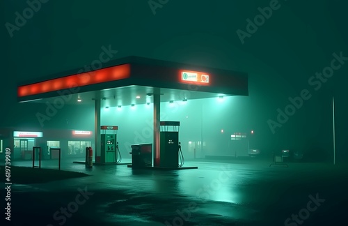 AI generated illustration of a gas station with exterior lighting in a vibrant green hue