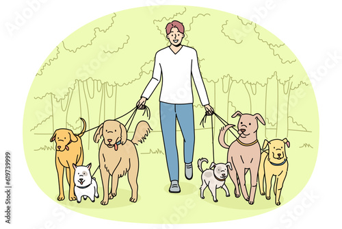 Smiling man walking dogs on leashes in park. Happy male walker provide professional pet walk service. Domestic animals care concept. Flat vector illustration.