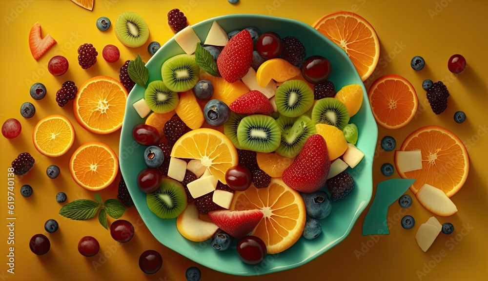 AI generated illustration of a bowl filled with an assortment of fresh fruits AI generated illustration of a bowl filled with an assortment of fresh fruits