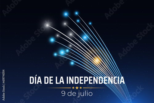 9th of july, argentina independence day, argentine colorful fireworks flag on blue night sky background. Argentina national holiday. Greeting card. Vector. Translation Independence day july 9