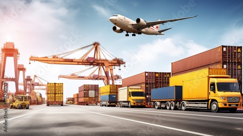 Logistics distribution of containers cargo freight ship, truck and train on white background, global business logistics transport import export and international commerce concept, generative ai