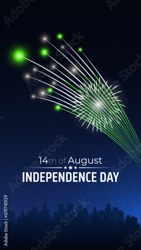 August 14, pakistan independence day, vector template with pakistani flag and colorful fireworks on blue night sky background, cityscape. Pakistan national holiday august 14th. Independence day card