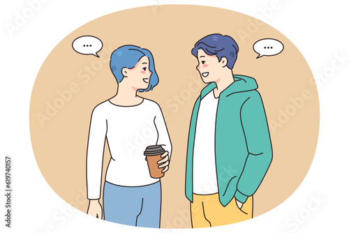 Stylish teenage couple enjoy date out communicating and laughing. Trendy subculture man and woman talk and chat chilling together. Relationship and diversity. Vector illustration.