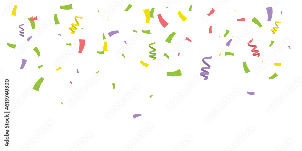 Colorful confetti isolated on white background. Vector banner background with colorful serpentine ribbons, space for your text in the center. Anniversary, holiday, greeting illustration in simple flat