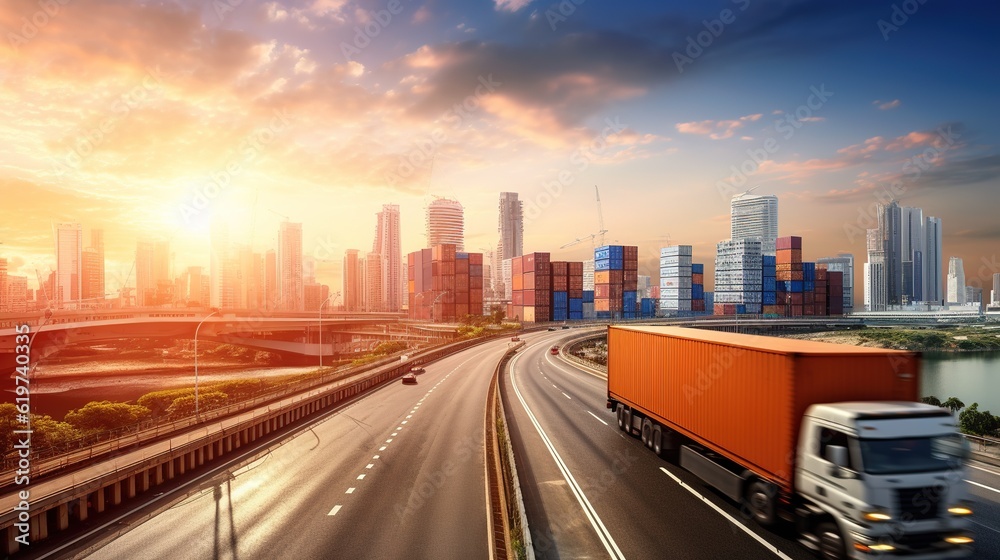 Global logistics import export and container cargo freight train, cargo plane, container truck on highway with copy space in city background, transportation industry concept with generative ai