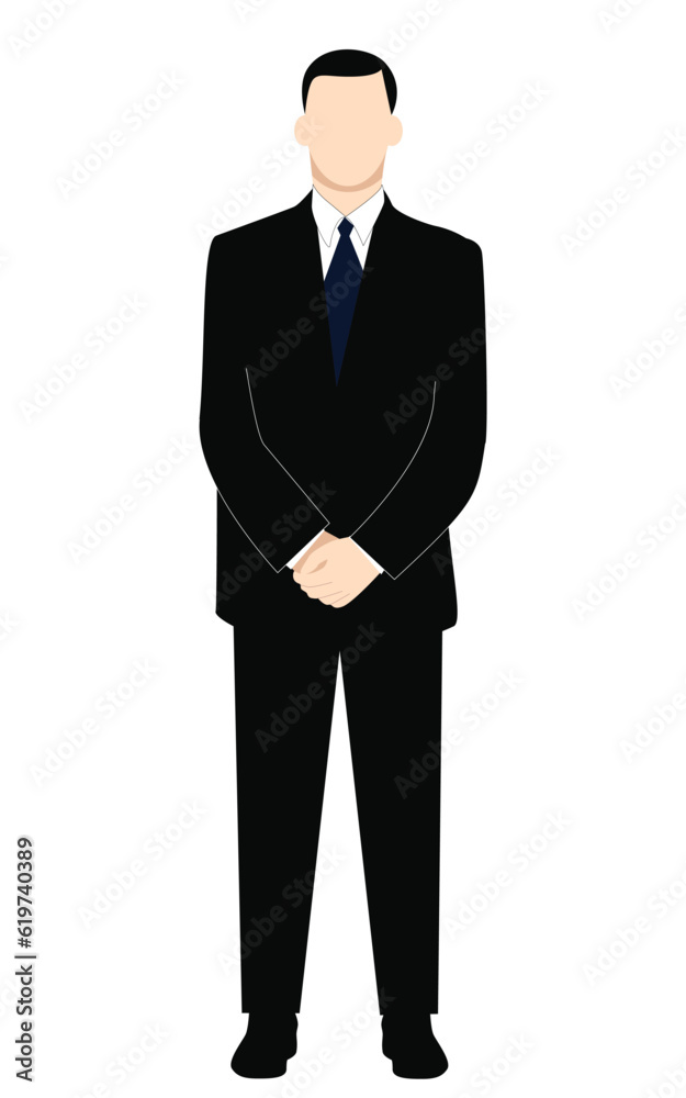 A man in a black classic suit and shirt stands straight. The character folded his hands in front of him. Illustration in cartoon style isolated on white background.