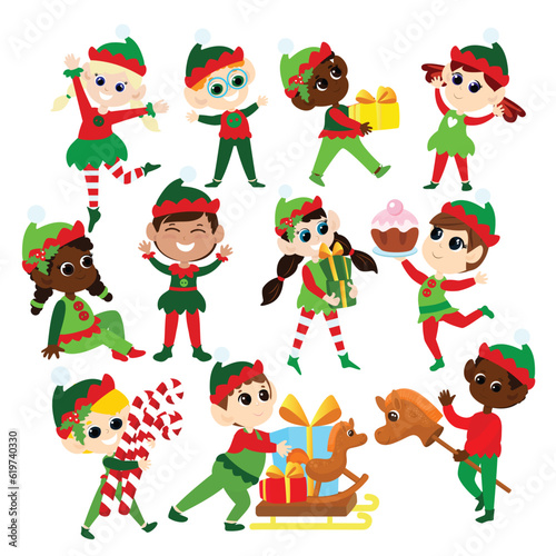 Set Christmas elves. Multicultural boys and girls in traditional elf costumes. Santa's helpers are happy. They dance, smile, bring gifts, carry lollipops and sweets. Design of Christmas characters.