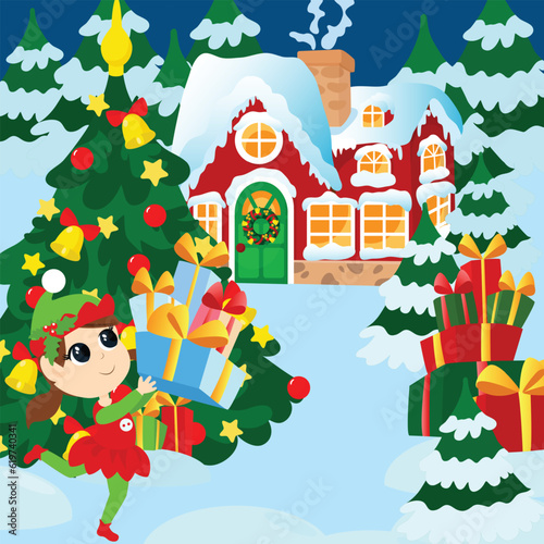 Elf girl running with gifts outside near the Christmas tree. Winter landscape near Santa's snowy house. Mood of happiness. Illustration for printable children's puzzles.