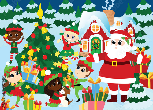 Santa Claus with elves outside near the Christmas tree. Winter landscape near Santa's snowy house. Mood of happiness and joy. Illustration for printable children's puzzles.