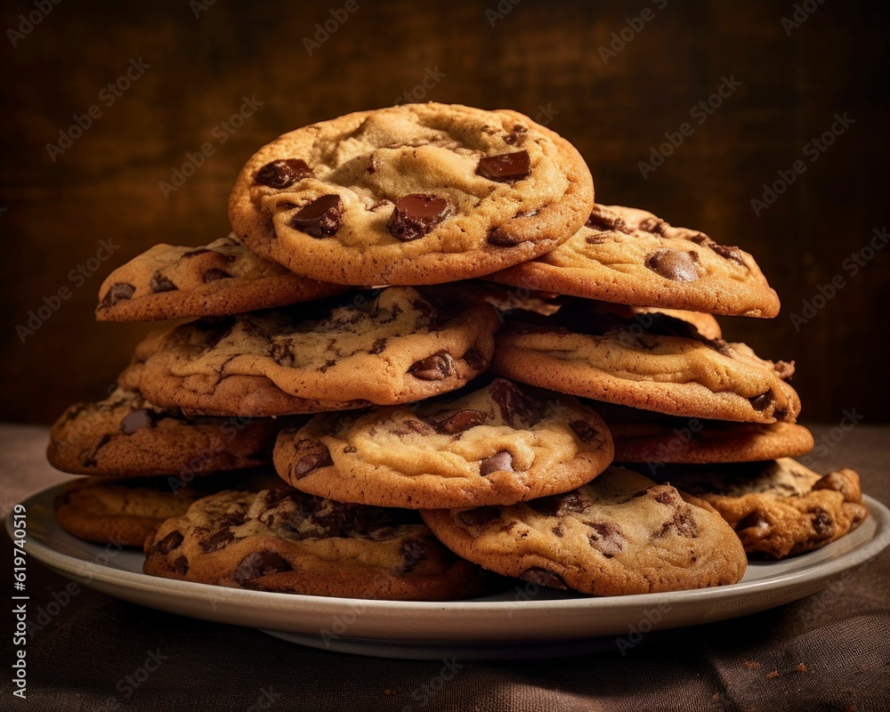 AI generated illustration of a plate full of freshly baked chocolate chip cookies